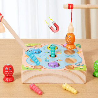 Sangetian children's magnetic fishing toy early education enlightenment magnetic absorption wooden fish catching insect parent-child hand-eye coordination fine movement fun fishing insect catching game (solid wood thick bottom)