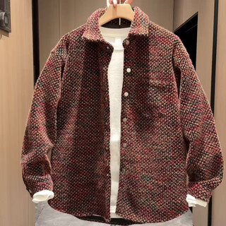 Kuraishi kazuki small fragrant lapel woven plaid jacket men's autumn and winter korean style loose casual tuxedo shirt jacket trendy men red xl 150-170jin jin is equal to 0.5 kg
