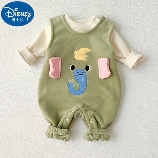 Disney (disney) new autumn and winter velvet warm overalls set for infants and young children, korean style baby cute and super cute going out fashionable romper suit, green rice elephant two-piece set 66cm