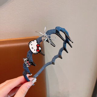 Mengdong blue hello kitty children's toothed high skull headband girls face wash headband 2025 new pressure hair non-slip hairpin one size bow kt cat denim * 1