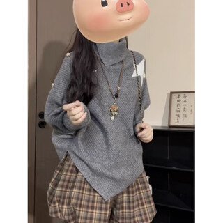 Jane deiune design high collar irregular sweater women's autumn and winter korean style loose lazy style long-sleeved knitted cape top gray s