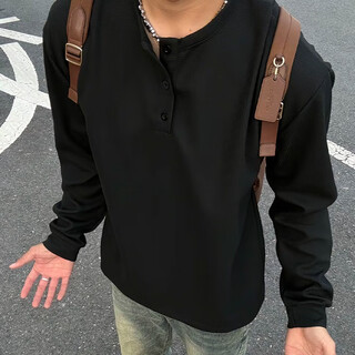 Cotton snow black american henley collar long sleeve t-shirt men's autumn thin waffle sweatshirt high-end bottoming shirt black 2xl 170cm-180cm