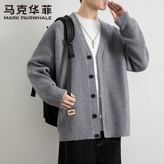 Mark huafei trendy v-neck knitted sweater for boys in spring and autumn, loose, comfortable and casual solid color cardigan jacket for men, gray xl