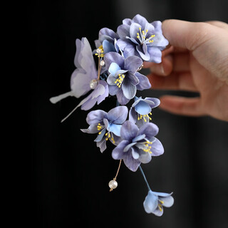 Wanke velvet flower hairpin, antique flower headdress, side clips, classical cheongsam and hanfu back-pressed accessories, tang style hairpin edges, blue and purple flower butterfly style, size 14*8cm