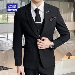 Romon suit men's three-piece high-end tailoring business slim professional formal wedding dress jacket black 2xl