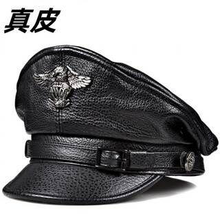Feshelan genuine leather top hat men's autumn and winter retro cowhide flat top hat british harley young and old motorcycle hat captain hat black 57-58cm
