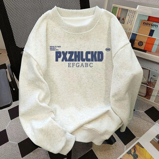 Woodpecker sweatshirt men's autumn style round neck plus velvet trendy brand loose long-sleeved t-shirt men's bottoming shirt casual couple tops for men white gray xl recommended weight 120-140jin jin is equal to about 0.5 kg