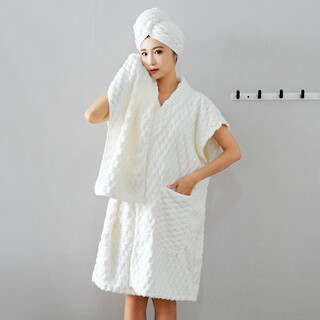 Coral velvet bathrobe is soft and thickened. adult couple's home pajamas for men and women can wear bathrobes with straps and long-sleeved bath skirts. cream rice 25*60cm hair drying cap