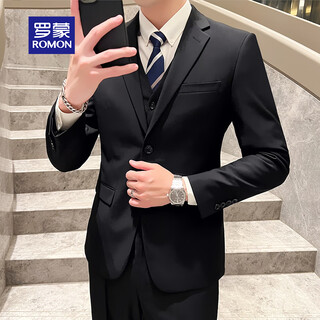 Romon suit men's 3-piece high-end tailoring business slim professional formal wedding dress jacket single black 2xl