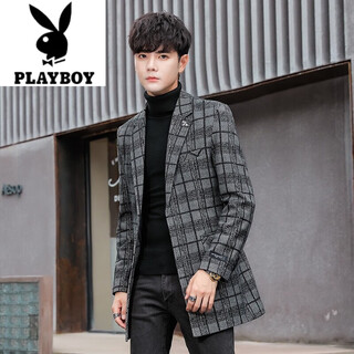 花花公子（PLAYBOY）男士西服中长款风衣外套春秋季修身呢子西服上衣青年潮流毛呢大衣 深格子 2XL