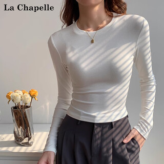 La chapelle american style right-shoulder bottoming shirt long-sleeved t-shirt for women 2025 spring and autumn new style inner slim-fitting top white m