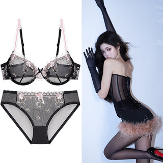 Victoria palace transparent underwear ultra-thin push-up sexy temptation mesh breathable sponge-free pure desire bra set for women black 85d /38