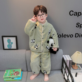 Zhouxi boys pajamas autumn and winter flannel thickened coral velvet 2025 new children's home clothing set baby boy green panda double-sided koala velvet 110 recommended height 99-109cm