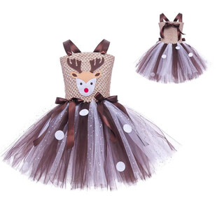 Christmas deer european and american children's elk performance princess skirt girls decoration holiday dress tutu skirt performance costume dark coffee dress 90 s (-105 cm)
