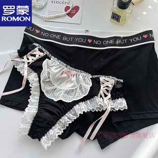 Romon couple underwear pure cotton sexy european and american cross black sweet and cute women's low-waist briefs men's boxer briefs black m men's l size + women's size