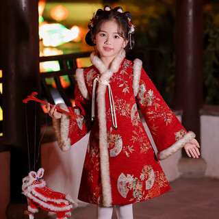 Anneyol girls' cheongsam new year's eve costume winter chinese style children's new year hanfu skirt thickened winter style red 130