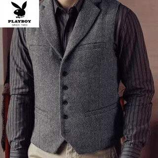Playboy (playboy) autumn and winter wool herringbone british retro vest large size casual slim khaki suit collar vest vest men gray m