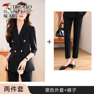 Woodpecker summer business suit suit women's thin interview formal high-end mid-sleeve suit jacket temperament work wear black suit + black formal pants l
