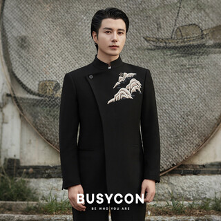 Busycon qingshan embroidery new chinese style stand collar suit groom wedding banquet dress men's toast suit black (two-piece set top + pants) 48