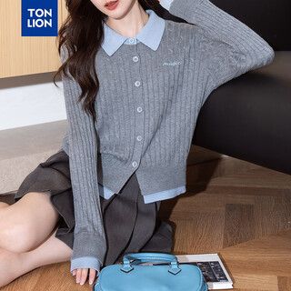 Tonlion 2025 autumn and winter temperament style color matching design women's fake two-piece cardigan