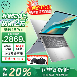 戴尔（DELL）政府补贴20% 灵越DC15250 15Pro轻薄本 15.6英寸120Hz大屏办公设计炒股学生手提商用笔记本电脑 Core3-100U 16G 1T固态 120Hz 120Hz高刷屏