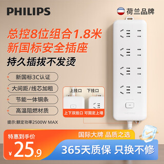 Philips (philips) new national standard safety socket 8-bit combination hole total control 1.8 meters child protection door power strip/socket strip/row strip/terminal strip/trailer board