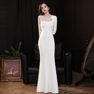 Romon evening dress women's autumn banquet waist slimming high-end temperament host light luxury celebrity long fishtail dress white long s