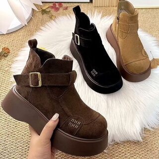 意尔康王子厚底勃肯短靴女冬季新款马丁靴增高加绒保暖棉鞋显瘦翻毛雪地靴 咖啡色 37