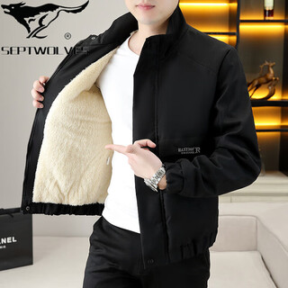 Septwolves men's coat autumn and winter new velvet thickened work jacket trendy brand stand collar warm winter top 10-7-k108 black velvet m