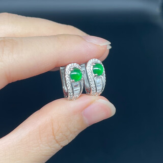 Shanling natural ice-grown green jade a goods s925 silver inlaid imperial green stud earrings with identification certificate egg face earrings-1