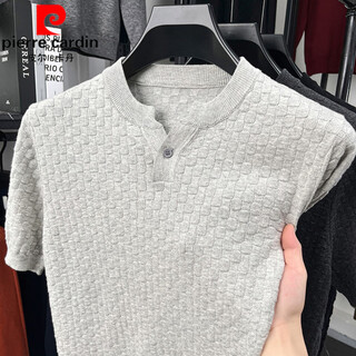 Pierre cardin textured twist striped sweater men's light mature henley collar knitted short-sleeved t-shirt men's 2025 autumn casual t-shirt oatmeal gray xl