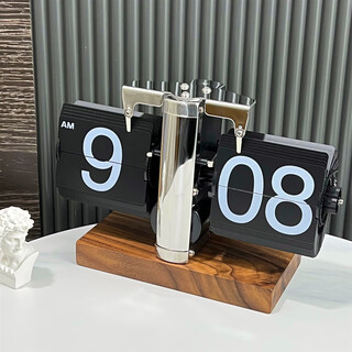 Momen mechanical page-turning clock, automatic page-turning clock, living room clock, retro personalized desktop ornament, clock creative ornament, walnut - black page with white characters 20.7*8.8*14.3cm