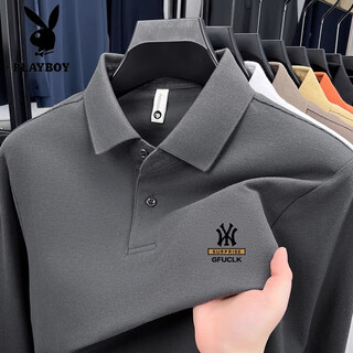 Playboy (playboy) high-end 100% cotton long-sleeved t-shirt men's spring and autumn sweatshirt men's 2025 new daddy round neck top bottoming shirt dark gray ny 2xl 150-165jin jin equals 0.5 kg to wear