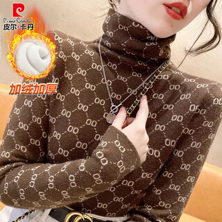 Pierre cardin european high-collar german velvet bottoming shirt for women in autumn and winter new style printed western style inner stack collar slim warm top brown velvet thickened m 80-100jin jin equals 0.5 kg