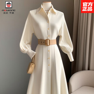Aemape2025 new waist shirt autumn and winter french temperament slim dress long skirt polo collar new white white dress fabric m