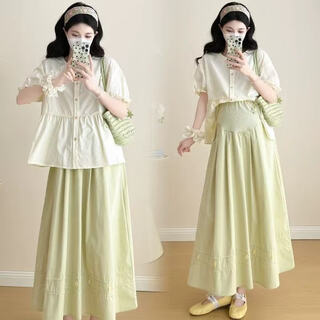 Pregnant women summer suit 2025 new short-sleeved top babydoll shirt skirt small fresh pregnant mother high-end wear light apricot shirt (single piece) xl recommended 125-145jin jin equals 0.5 kg