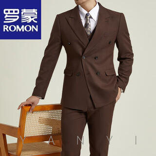 Romon wool high-end italian dress suit men's business casual slim professional formal british retro suit men brown (top + pants) l -50