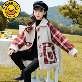 G.duckkids girls' autumn and winter woolen coat plus velvet style 2024 new winter middle and large children's thickened woolen coat red 7973 pre-sale 20 days 120 cm