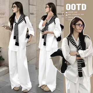 Pregnant women early spring autumn suit 2025 new french high-end loose fashion shirt top versatile wide-leg pants white shirt shawl white belly-supporting wide-leg pants m