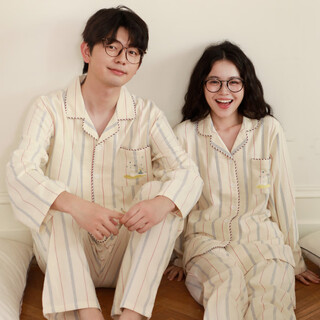 First-time couple looking for pure cotton brushed pajamas, spring and autumn cotton flannel, one man and one woman, high-end and comfortable, can be worn outside as home clothes, off-white, women's m