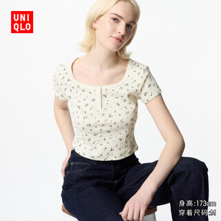 Uniqlo women's jacquard ribbed henry collar printed t-shirt/short sleeve small floral 477607 01 milky white m/160/84a