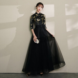 Timochi new chinese style women's banquet evening dress small 2025 chinese style black temperament long style host style solo finger black m