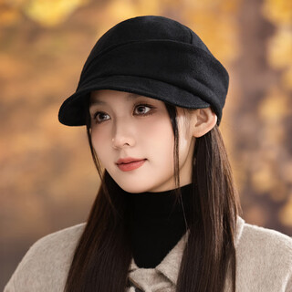 Still silent zhang jingyi hat women's autumn and winter woolen feeling octagonal newsboy hat big head circumference showing face small beret one size black