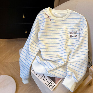 Ldbe korean striped cartoon puppy embroidered sweatshirt for women spring and autumn 2025 new style loose round neck age-reducing tops blue stripes m 80-110jin jin equals 0.5 kg