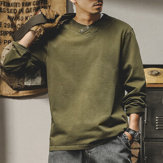 Jeanswest american heavy combed cotton t-shirt men's autumn and winter new solid color loose henry collar trendy brand long-sleeved t-shirt military green 2xl suitable for 160-180jin jin equals 0.5 kg