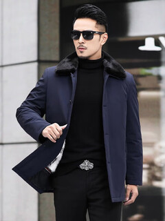 Babaolang genuine mink fur integrated inner liner mink coat for men, mid-length lapel parka for middle-aged and elderly dads, dark blue + black full mink inner liner + rabbit fur sleeves 2xl (180)