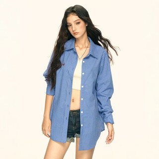 Aaisup american retro blue plaid shirt for women 2025 spring and autumn new design versatile puppy embroidered shirt trendy blue m