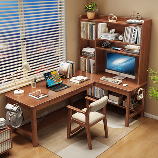 Huixun solid wood corner desk bookshelf integrated student home bookcase combination study table bedroom l-shaped corner computer table walnut color #desk + bookshelf 140cm*60cm*175cm auxiliary seat length 120cm