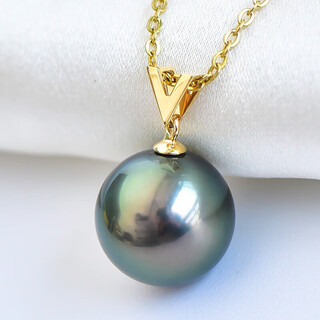 Quan yin 18k gold 8-15mm tahitian black pearl pendant, seawater perfect round necklace, single pendant, send mother strong light, black color + slight flaws + 18k yellow base 1213mm