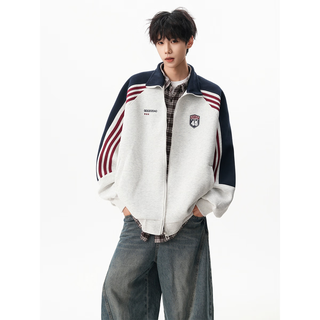 Legend of the western region raglan sleeve sports cardigan sweatshirt jacket men's autumn new american contrast color couple casual stand collar jacket top white gray regular